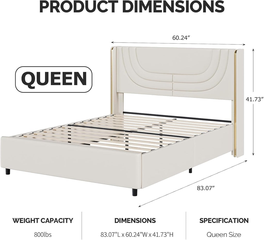Queen Bed Frame with LED Lights, Faux Leather Upholstered Platform with Silver Wingback Headboard, Modern Style, No Box Spring Needed, Easy Assembly, Cream