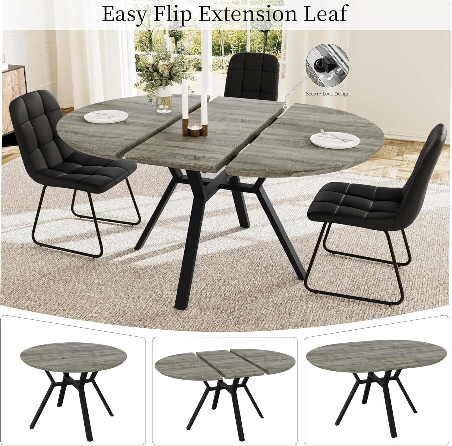 Extendable Round Dining Table Set for 6 People, 43.3"-59.1" Extendable Kitchen Table with 6 Upholstered Chairs, Space Saving for Kitchen Dining Room (Grey Table+6 U-Shaped Black Chairs)