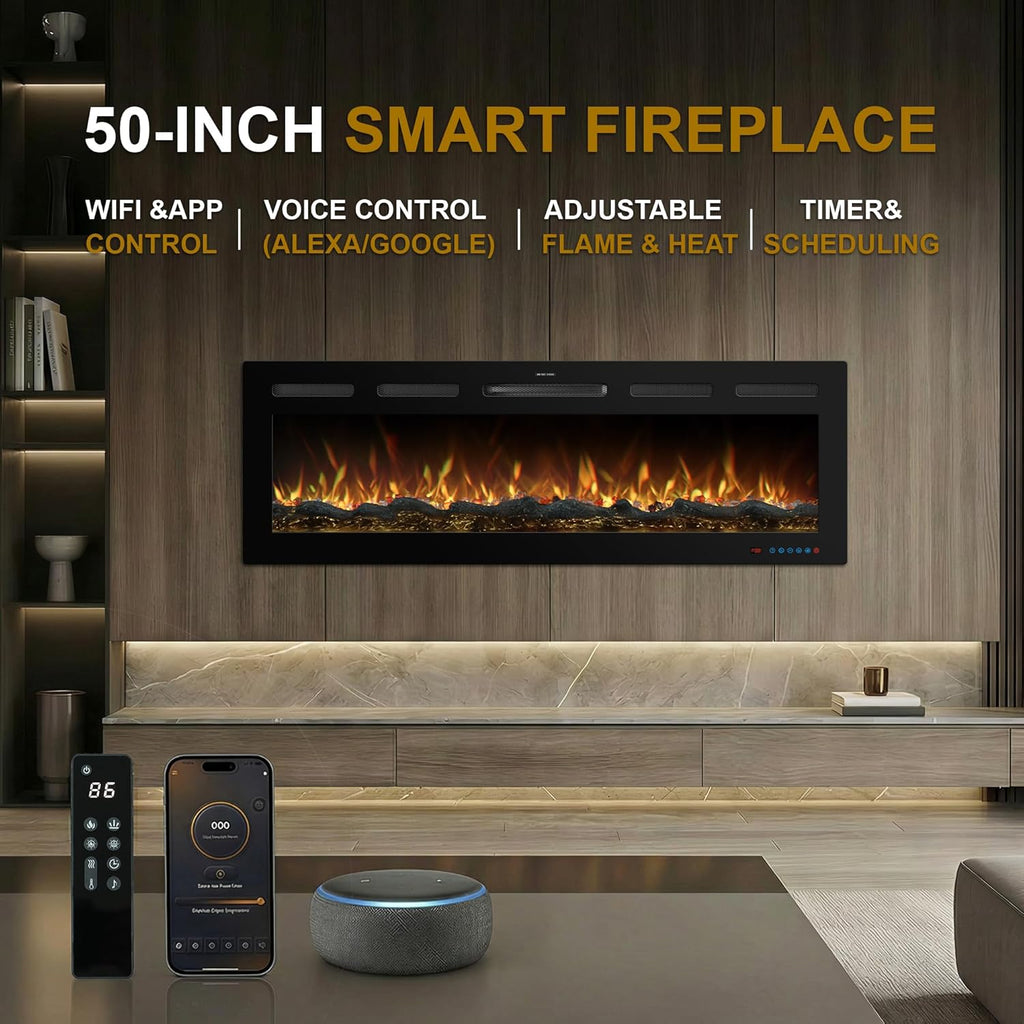 50 Inch WiFi Electric Fireplace Heater with Sound, Wall Mounted, Recessed or Free‑Standing, 750/1500W, 13 Flame & Fuel Bed Colors, Dimmable, Remote & App Control, Alexa & Google Home