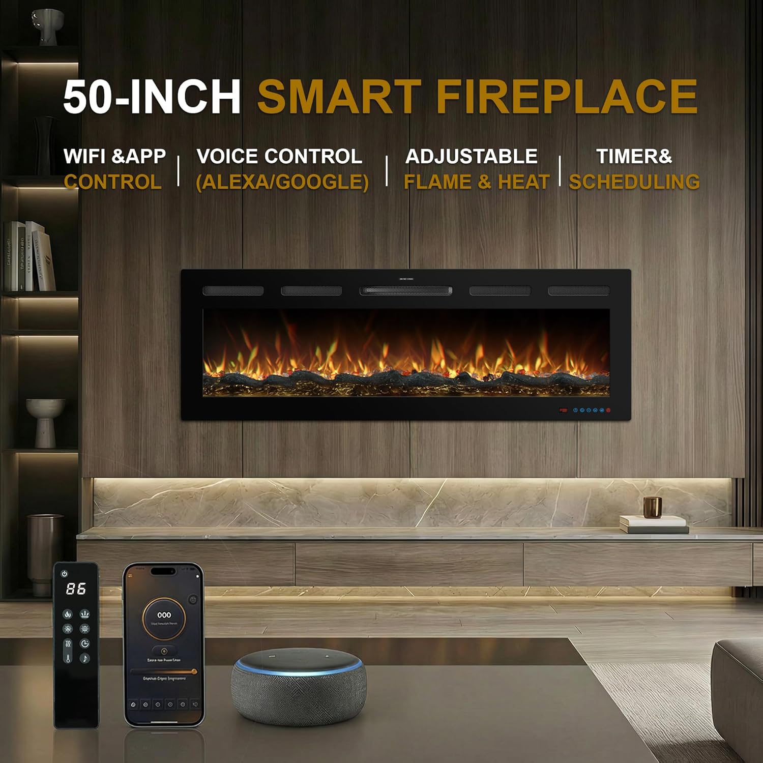 50 Inch WiFi Electric Fireplace Heater with Sound, Wall Mounted, Recessed or Free‑Standing, 750/1500W, 13 Flame & Fuel Bed Colors, Dimmable, Remote & App Control, Alexa & Google Home