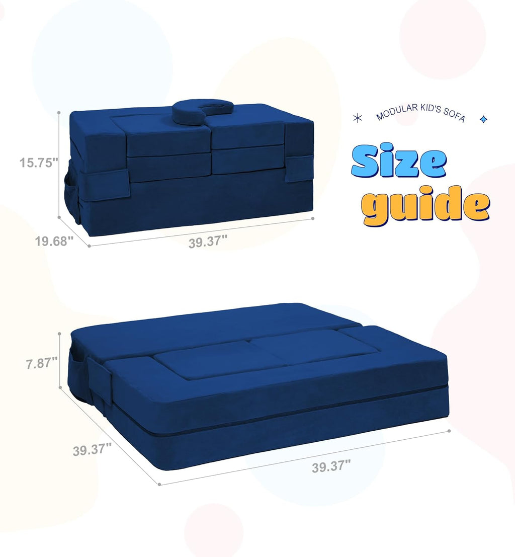 Elftopia Modular Kids Sofa,Toddler Couch Foam Armchair for Kids, Children Convertible Plush Sofa Play Set,Fold Out SofaBed(Navy)
