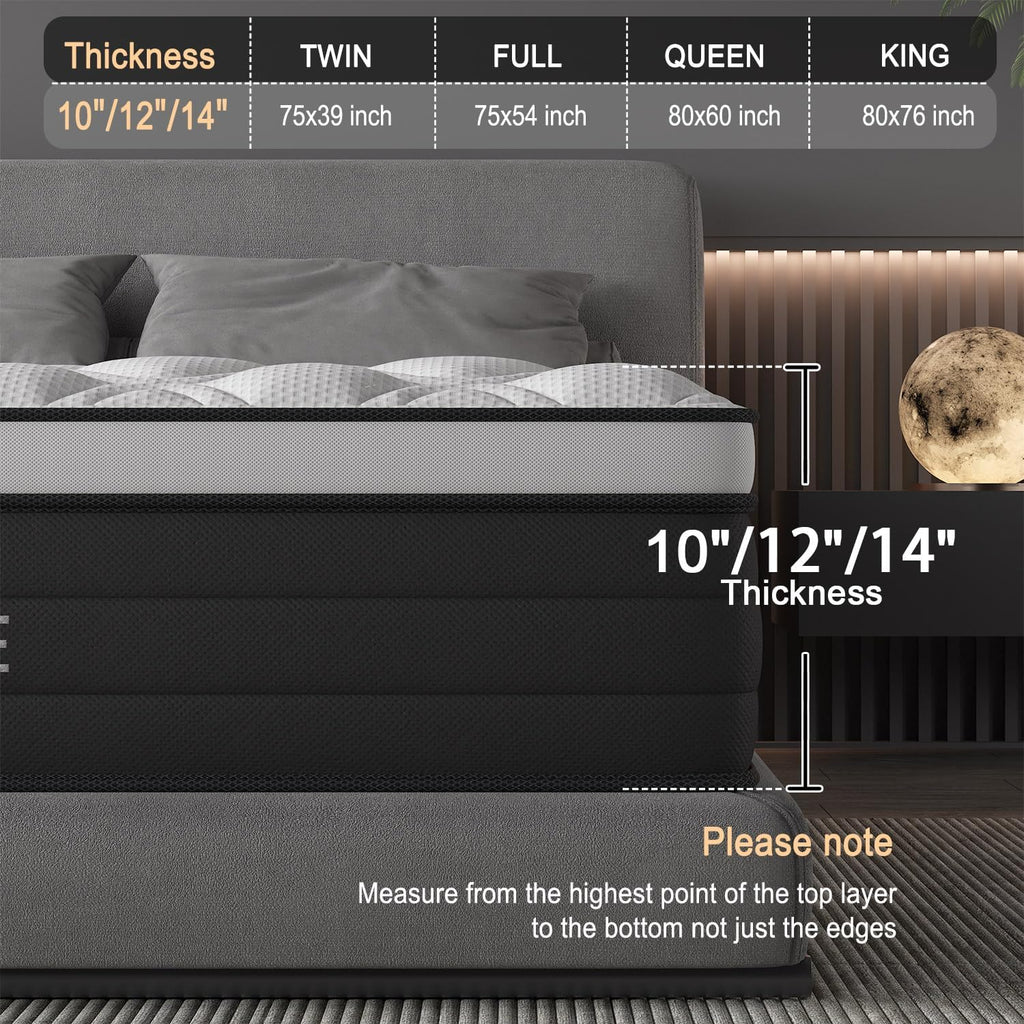 Queen Mattress, 14 Inch Hybrid Mattress in a Box with Individual Pocket Spring, Gel Memory Foam and Euro Top, Medium Firm Feel with Motion Isolation, Pressure Relief, Edge Support,Queen Size Black