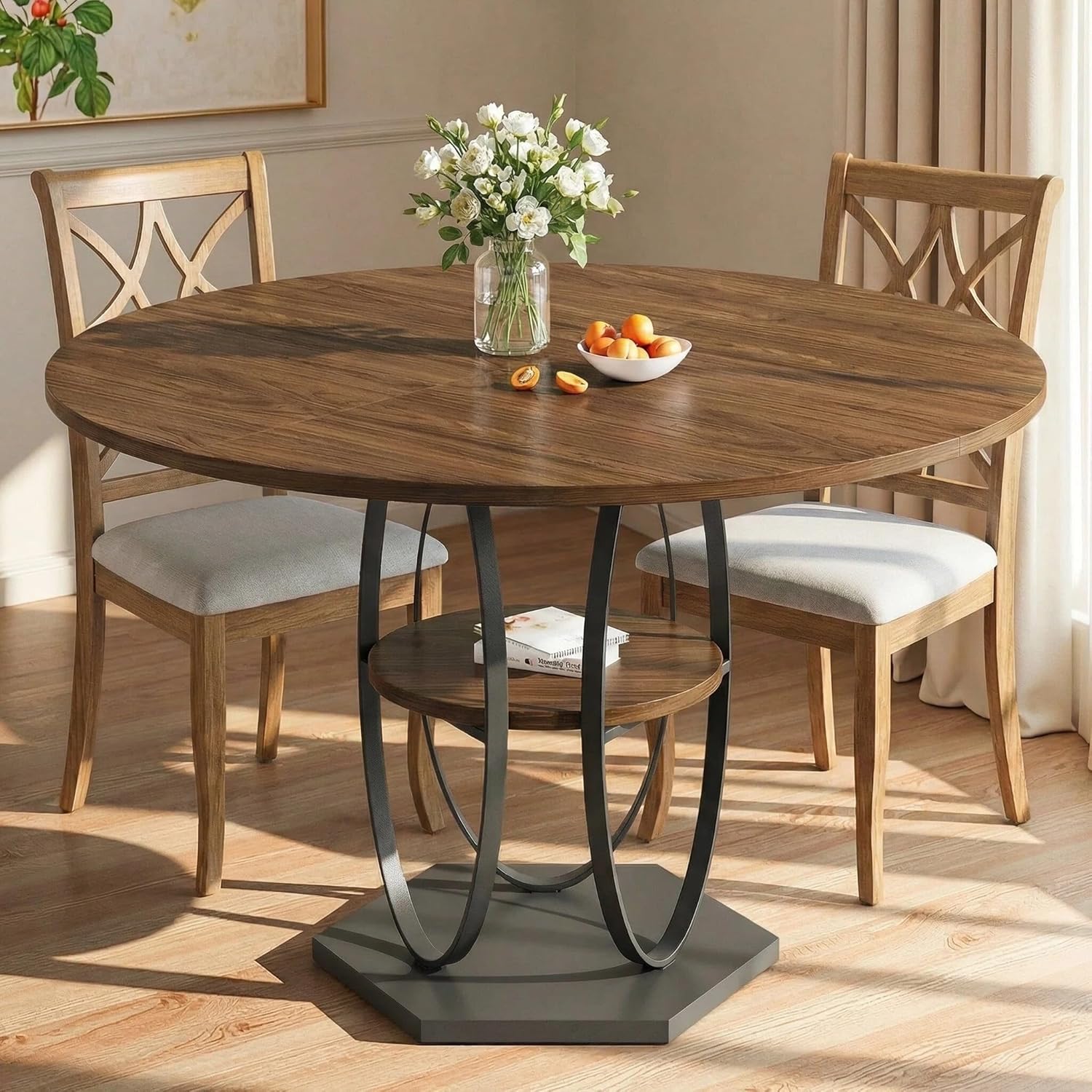 47.2" Round Dining Table for 4-6, Circle Kitchen Table with Open Storage Shelf, Modern Wooden Dinner Table with Metal Pedestal Base, Dining Room Tables for Kitchen Small Space, Walnut
