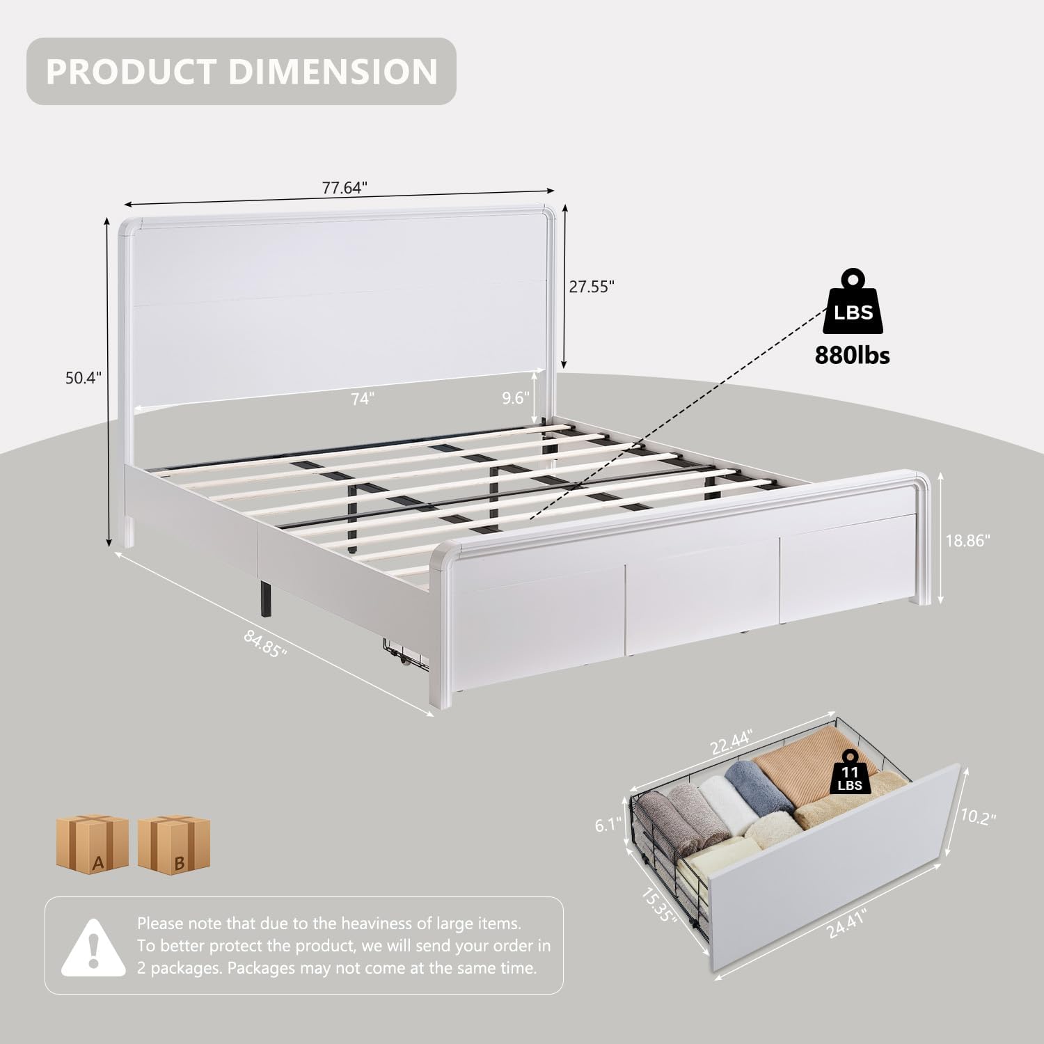Modern King Size Bed Frame with 50" Tall Headboard, Wood King Size Platform Bed Frame w/3 Storage Drawers, Curved Profile Design, Wood & Steel Platform Bed, No Box Spring Needed, White
