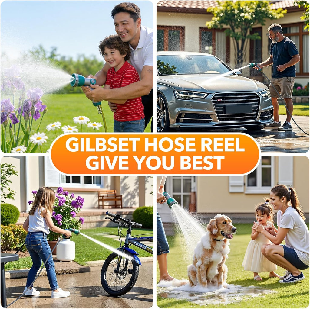 100 ft x 5/8" Retractable Garden Hose Reel  Heavy Duty Water Hose Reel Wall Mounted  Any Length Lock  180°Swivel  Water Hose with 10-Function Nozzle for Cleaning  Watering (Green)