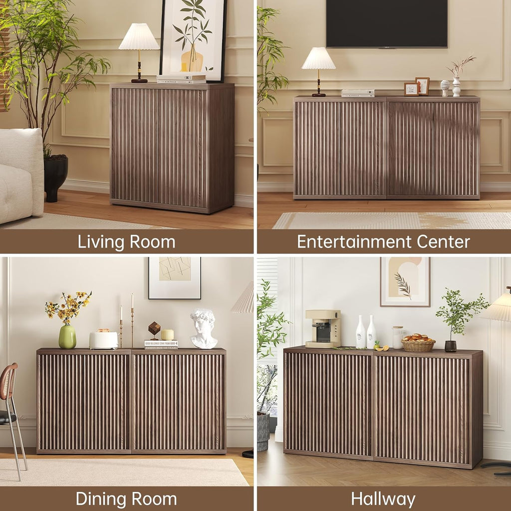 Sideboard Buffet Cabinet, Fluted Sideboard with Adjustable Shelves, Modern Credenza Storage Cabinet with Pop-up Doors, Wood Buffet Cabinets with Storage for Kitchen Entryway Living Room