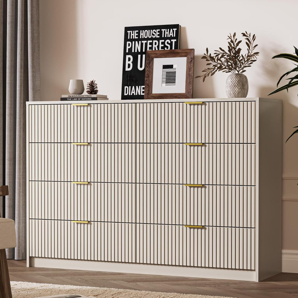 Beige Dresser for Bedroom, 8 Drawer Double Dresser, Modern Chest of Drawers for Bedroom, Living Room, Entryway and Closet, 55" L x 15.7" D x 37.4" H