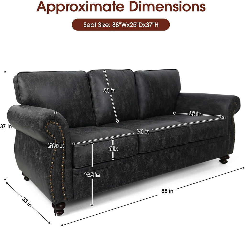 Mid-Century Vintage Sofa Couches with Rivet Design,3-Seater Sofa,Removable Sofa Cover Upholstered Cushions and Solid Wood Frame (Grey, 3-Seater)