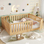 Bellemave Full Size Kids Montessori Floor Bed,Full Size Floor Bed Frame with High Fence and Door,Solid Wood Montessori Bed for Girls Boys,Natural