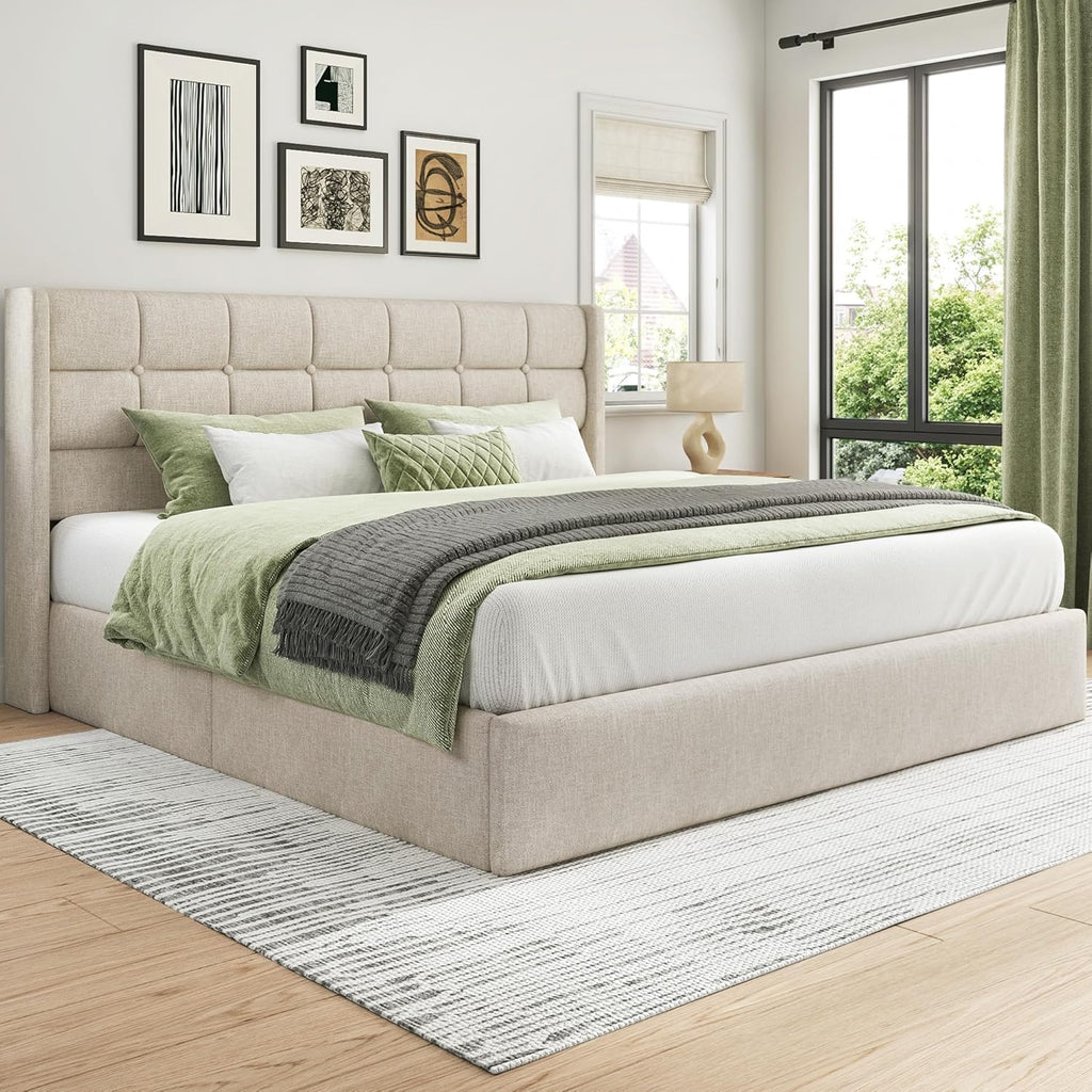 Lifezone King Lift Up Storage Bed Frame, Linen Upholstered Platform with Button Tufted Wingback Headboard, Under-Bed Storage, Hydraulic Support, No Box Spring Needed, Shipped in 2 Boxes, Light Beige