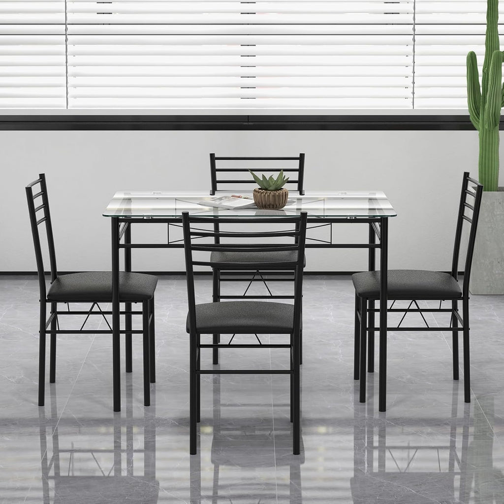 Giantex 5 Piece Dining Table Set, Kitchen Dining Set with Tempered Glass Table Top and 4 Upholstered Chairs, Dinette Set for 4 for Breakfast Nook Dining Room Kitchen (Black)
