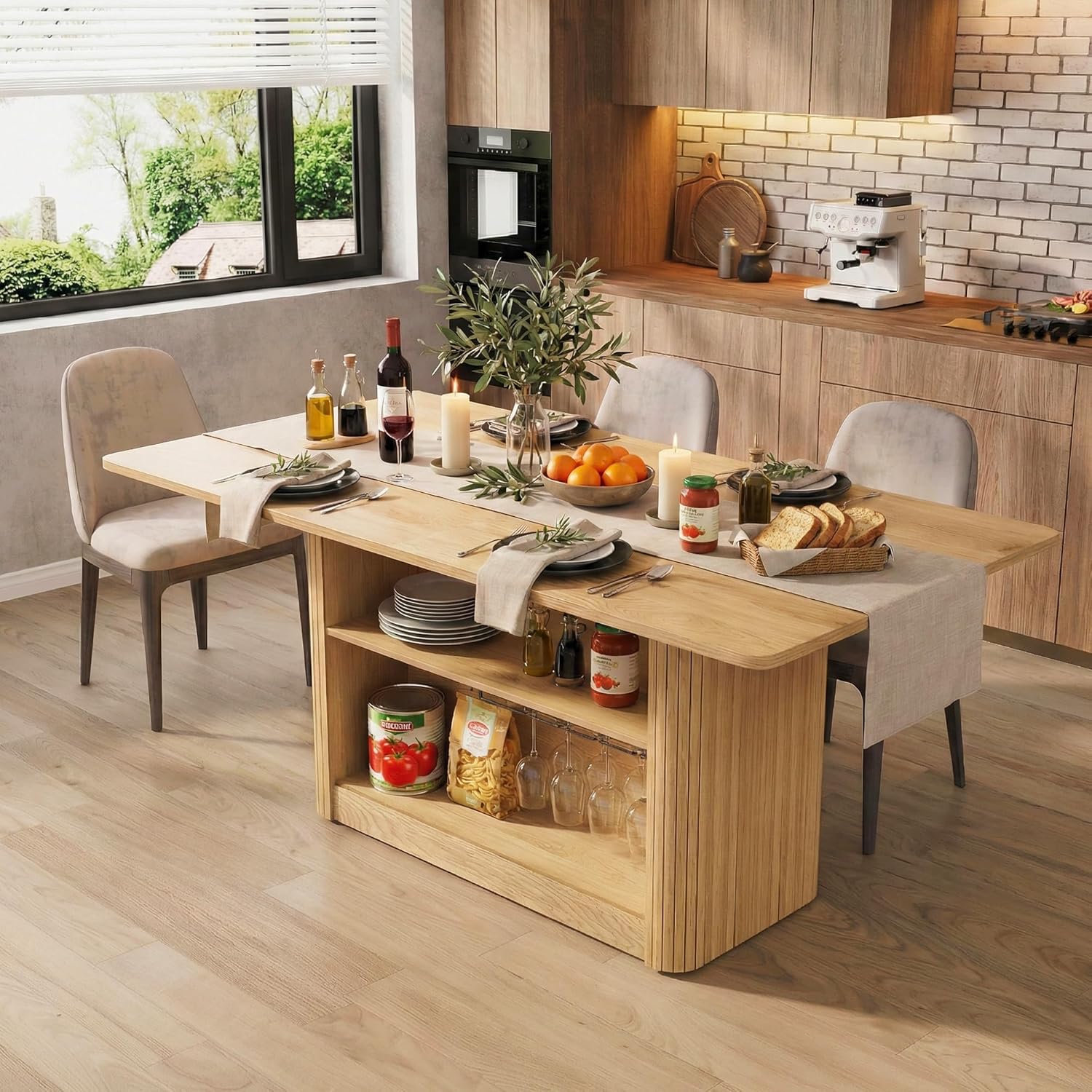 FUQARHY Dining Table for 6, Small Rectangular Kitchen Table for 4 with 2-Tier Storage Shelf, Farmhouse Modern Fluted Wood Table (Yellow Oak)