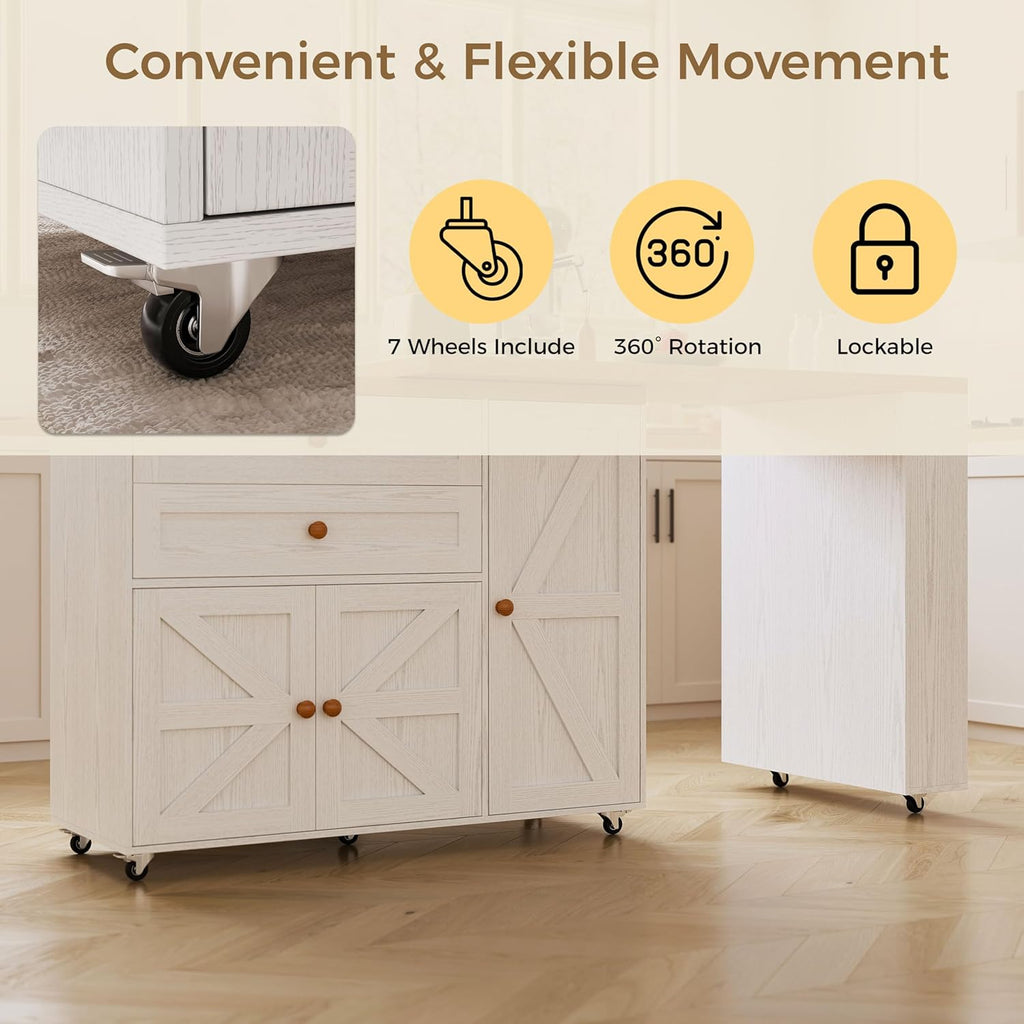 IRONCK Kitchen Island on Wheels with Storage, 71in Mobile Kitchen Cart with 3 Shelves and Drawers, Rolling Island with 360°Rotating Tabletop and Spice Rack, White