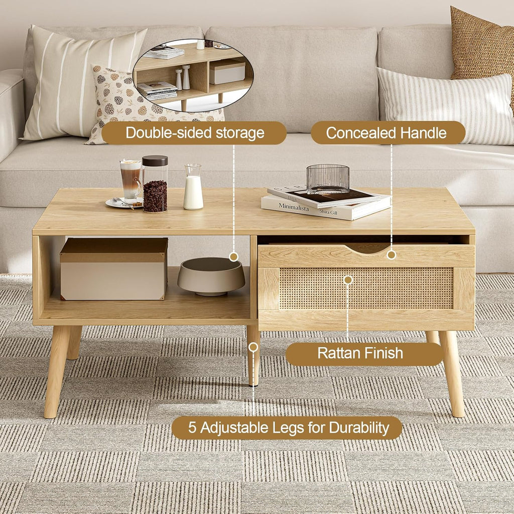 ZttRiee Coffee Table with Storage, Boho Dining Table with Rattan Drawer and Solid Wood Legs, Small Coffee Tables for Living Room, Oak