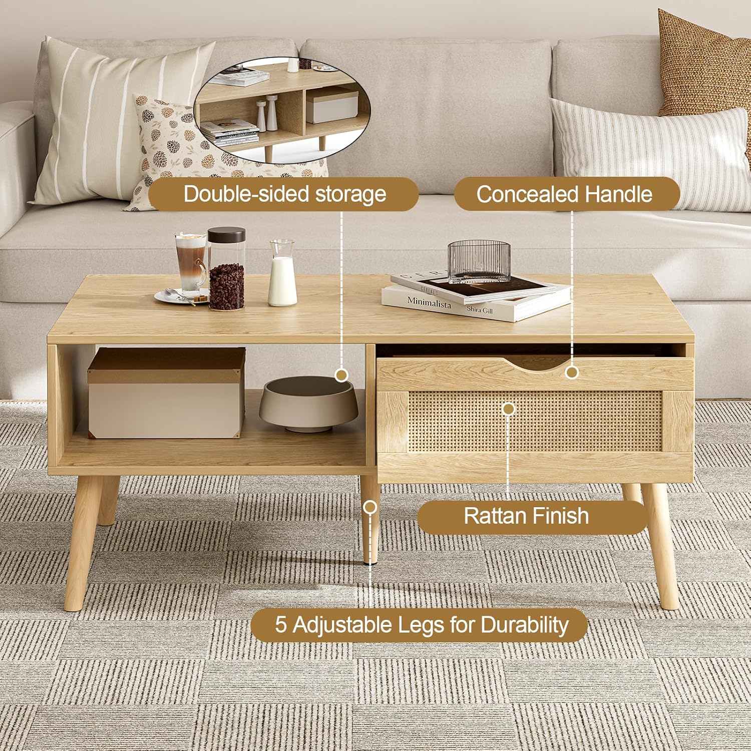 ZttRiee Coffee Table with Storage, Boho Dining Table with Rattan Drawer and Solid Wood Legs, Small Coffee Tables for Living Room, Oak