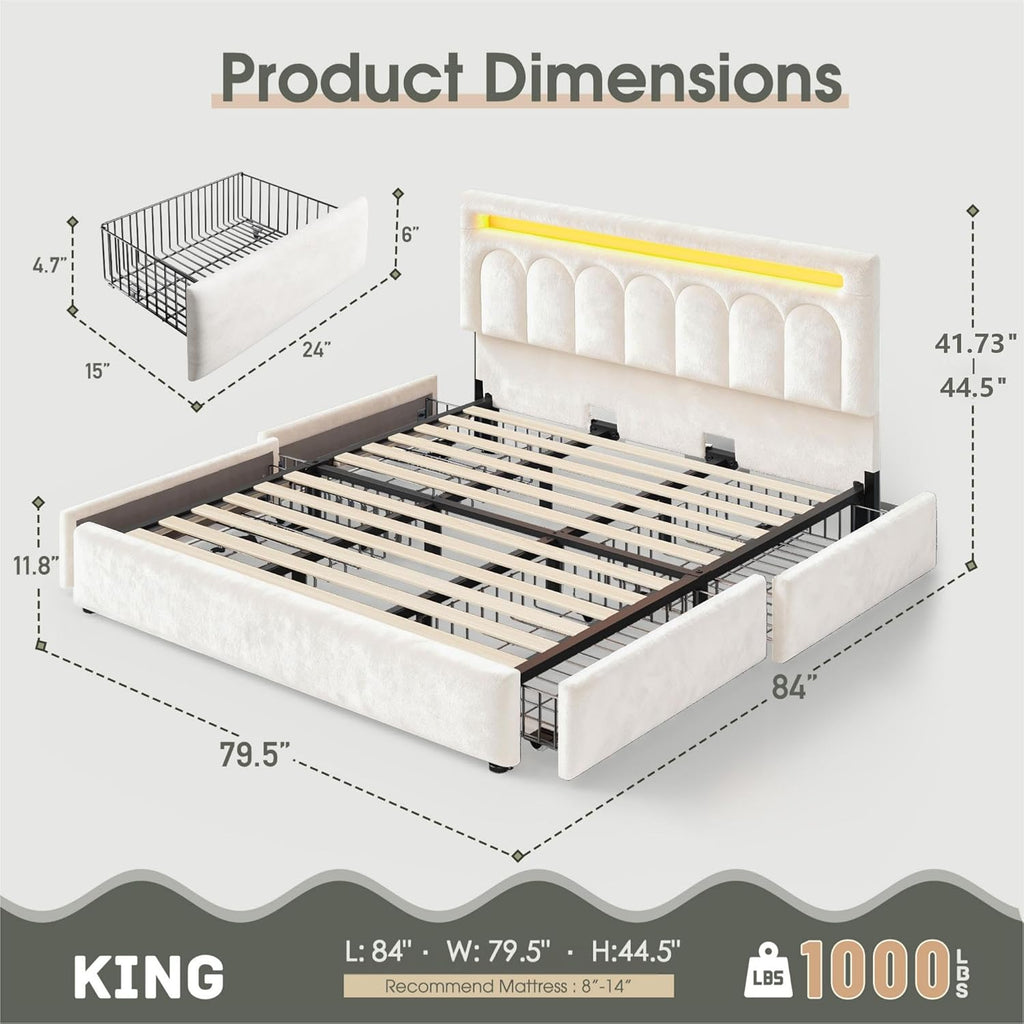 Velvet Upholstered King Size Bed Frame with 4 Storage Drawers, Vertical Arched LED Headboard, Sturdy Wood Slats Support, No Box Spring Needed, Beige