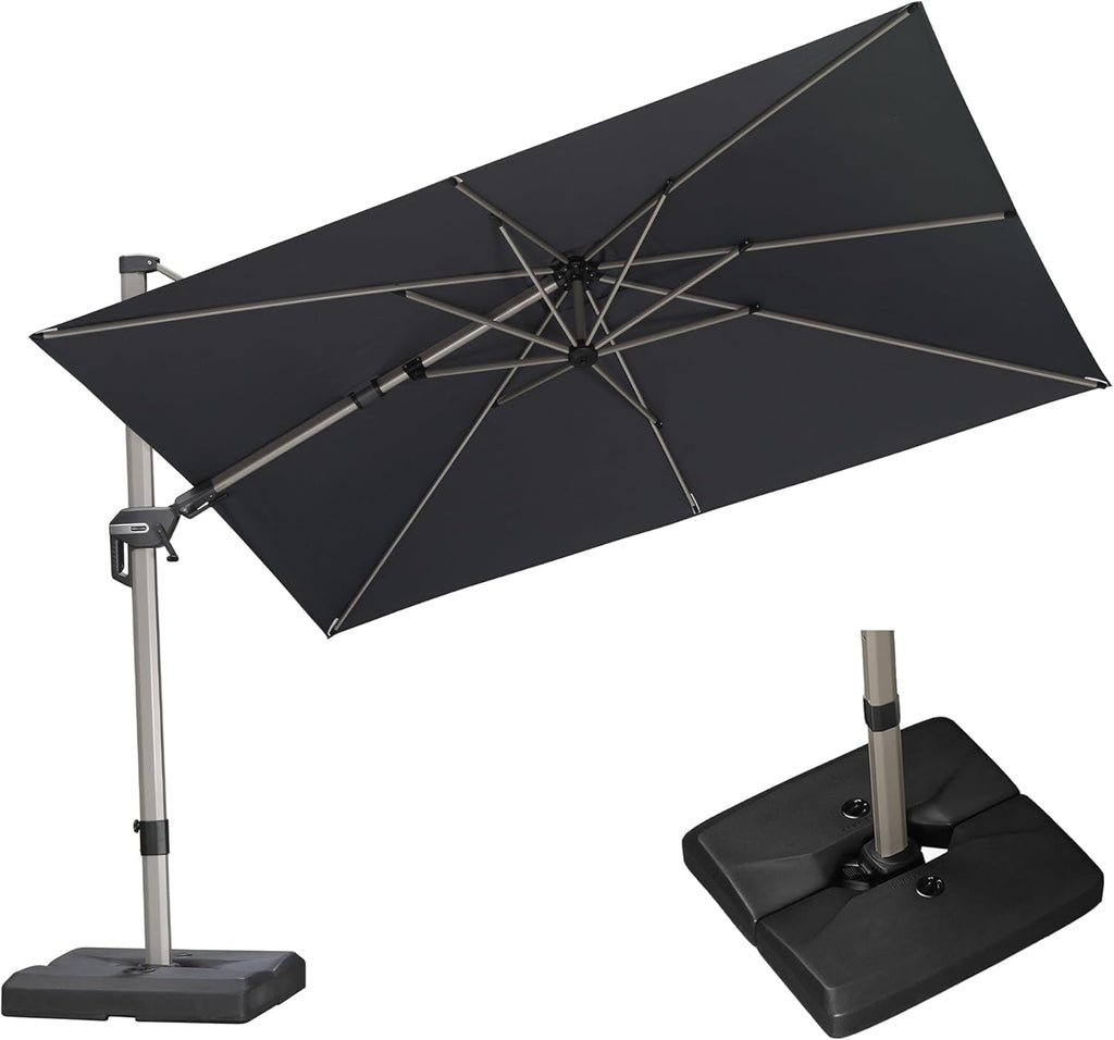 PURPLE LEAF 10' X 6.5' Left-right Tilting Patio Umbrella with Base Outdoor Swivel Cantilever Offset Aluminum Umbrella with Champagne Frame and 360-degree Rotation for Garden Deck Pool, Grey
