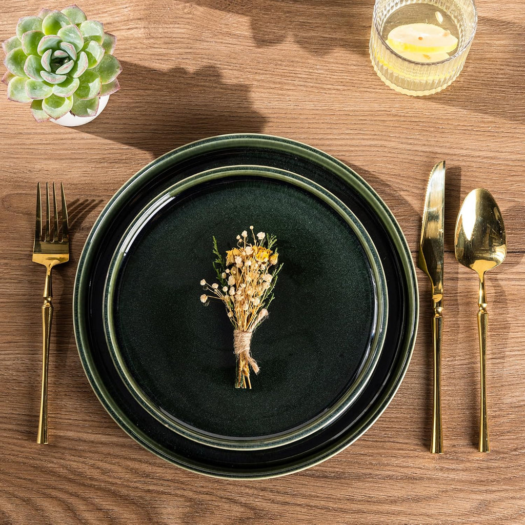 GBHOME Ceramic Dinnerware Sets for 4, 12 Pieces Stoneware Plates and Bowls Sets, Scratch Resistant Dishes, Dishwasher & Microwave Safe, Reactive Glaze-Earth Green