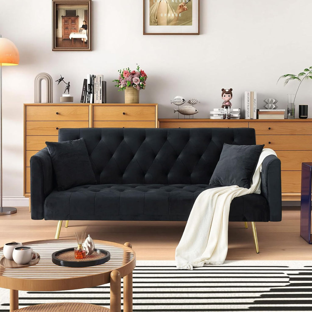 Anwick 72" Modern Velvet Sofa Bed Futon,Convertible Folding Sleeper Bed Couches with 3 Adjustable Backrests,Tufted Recliner Loveseat with Golden Chrome Legs for Small Living Room Office (Black)