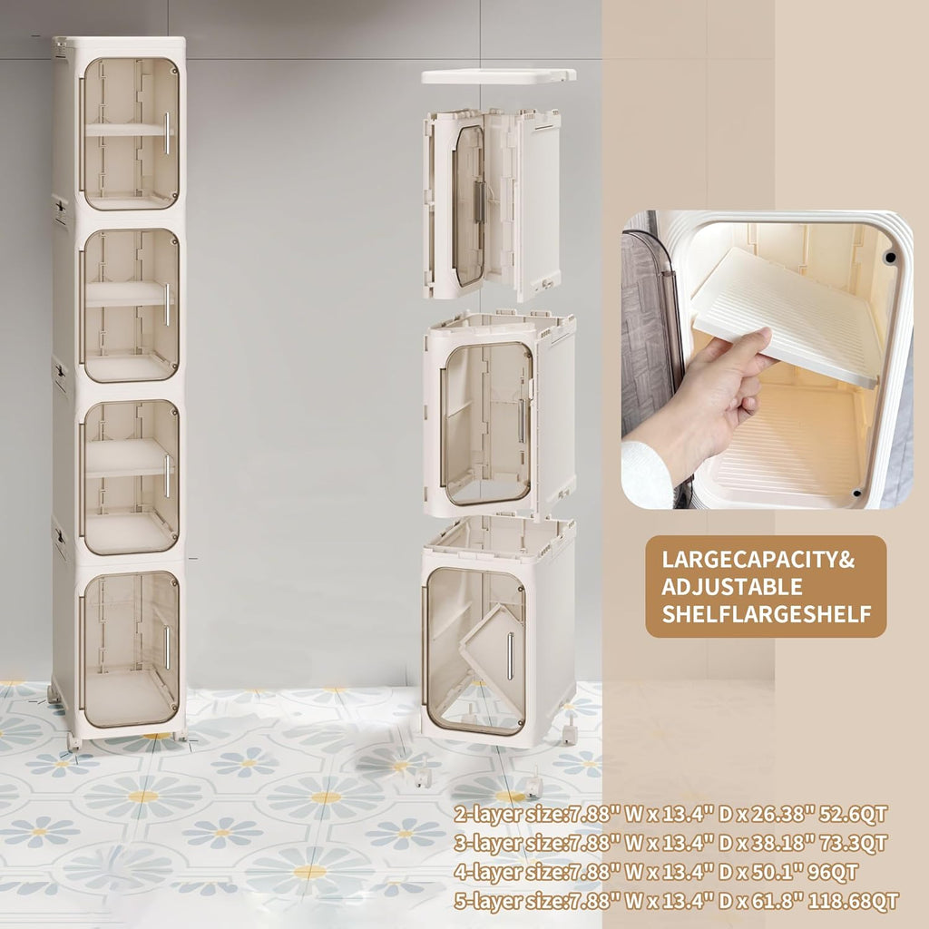 Narrow Bathroom Storage Cabinet with Wheels,5-Tier Plastic Slim Cabinets with Adjustable Shelves for Small Spaces,Bathroom, Kitchen, Cream White