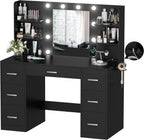 YESHOMY Vanity Desk with Mirror, Power Outlet and 10 Lights, Makeup Table with 7 Drawers, 3 Color Modes Available for Bedroom, Black
