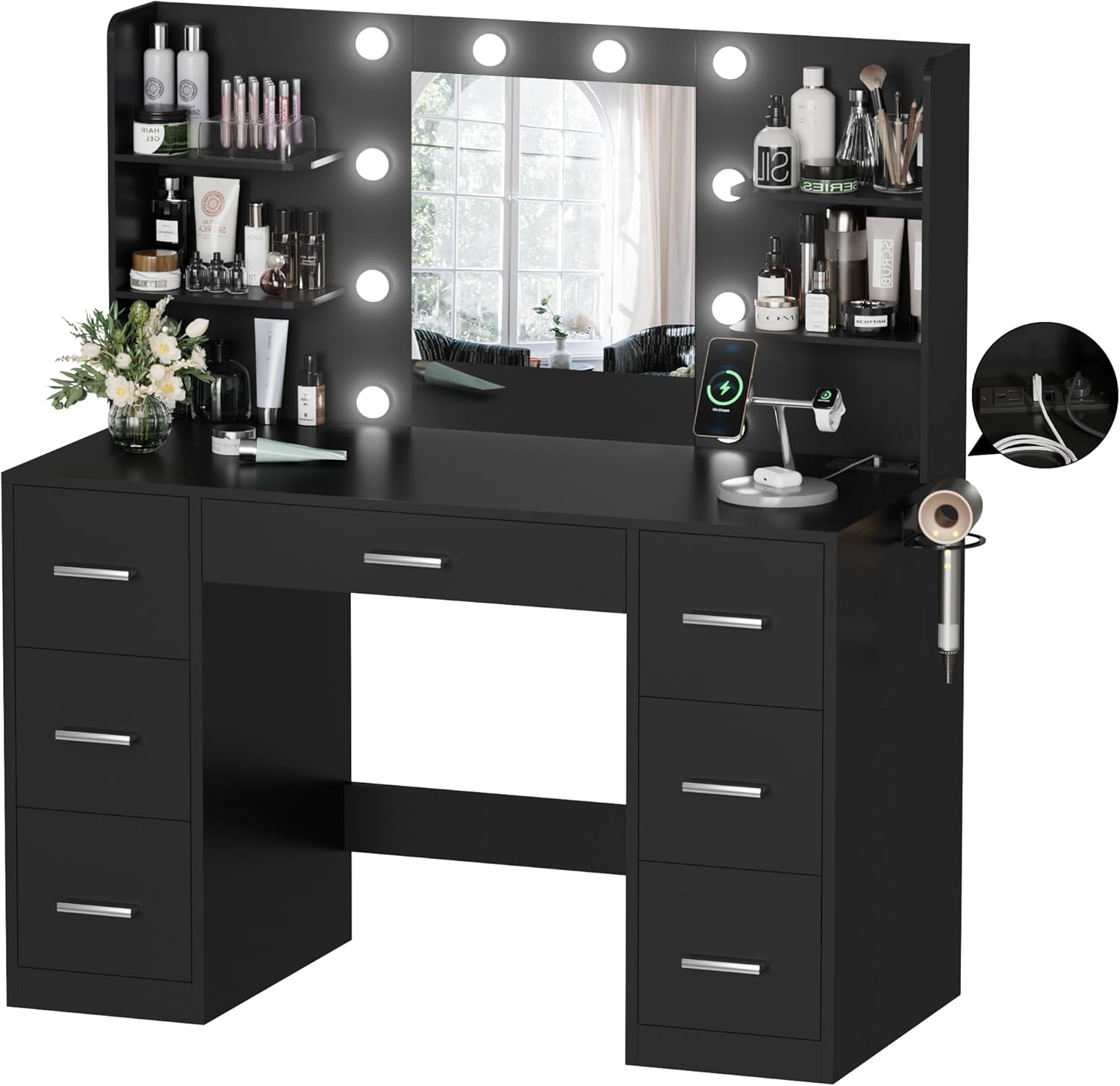 YESHOMY Vanity Desk with Mirror, Power Outlet and 10 Lights, Makeup Table with 7 Drawers, 3 Color Modes Available for Bedroom, Black