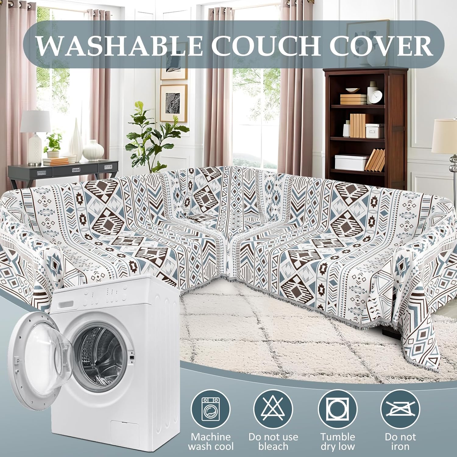1OO% Waterproof Sectional Couch Covers for Dogs L Shaped Corner Sofa Cover Washable Chenille Sofa Slipcovers Blanket Modern Jacquard Pet Furniture Protector (91"x252", Boho Blue Brown)