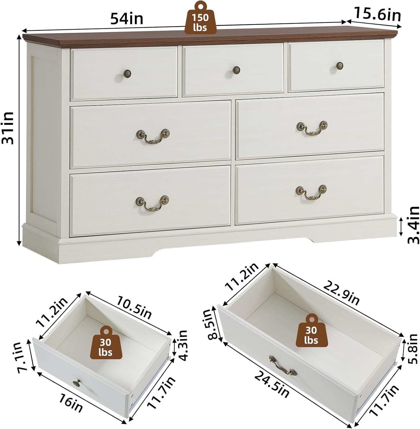 Farmhouse 7 Drawer Dresser for Bedroom,54" Wide Wood Rustic Chest of Drawers,Farmhouse Chest of Drawers for Bedroom,Wood Drawer Organizer for Living Room, Hallway,Bedroom,White