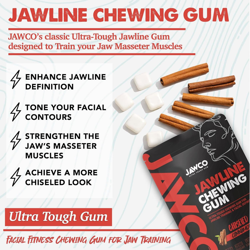 JAWCO Ultra-tough Jawline Chewing Gum | Get a Stronger, Squarer Jawline | Jaw Training Hard Gum | Chisel, Sculpt, Tone your Jaw | 15X Hardness | Facial Fitness Mewing Gum | Chiseled Cinnamon (6-Pack)