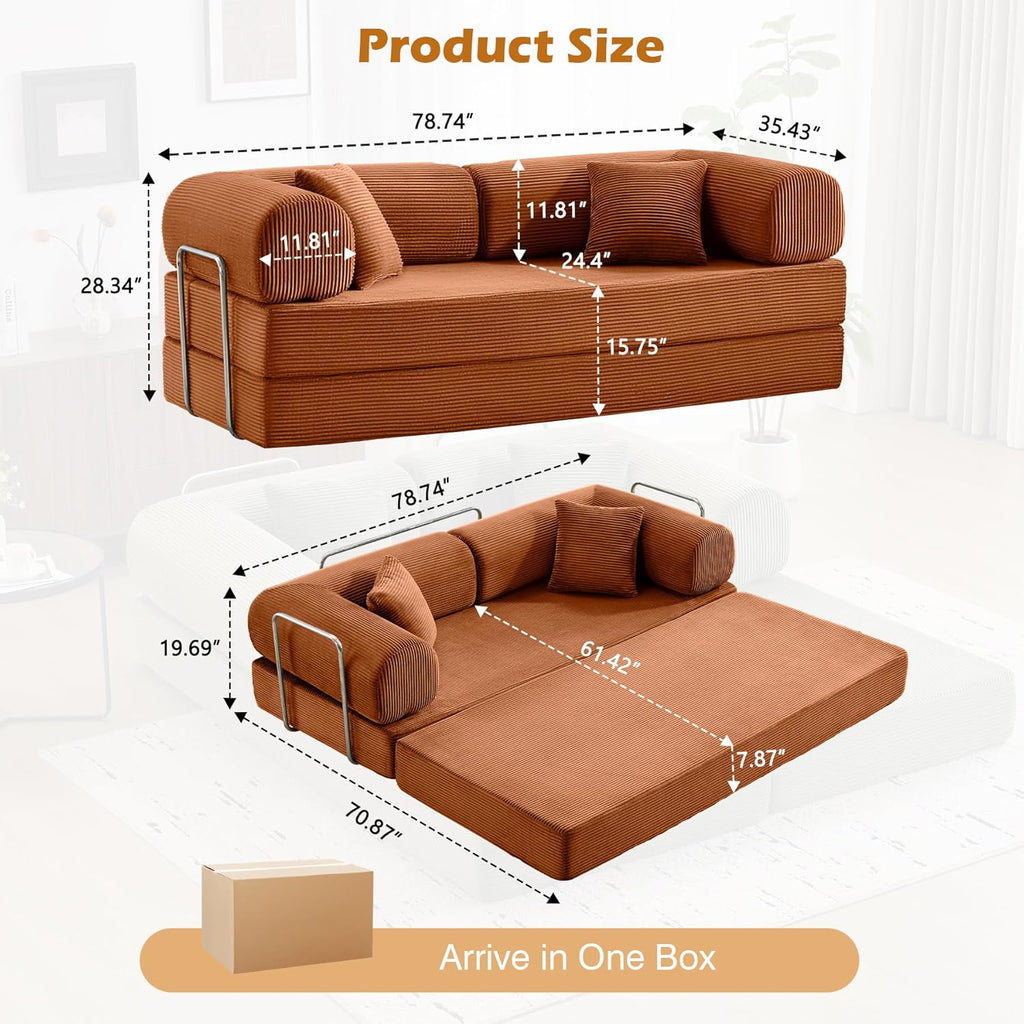 Sofa Bed, 79" Convertible Sleeper Sofa with Pull Out Bed, 5-in-1 Folding Corduroy Futon Couch, Modular Loveseat Sofa Bed for Living Room, Bedroom & Apartment, Brown