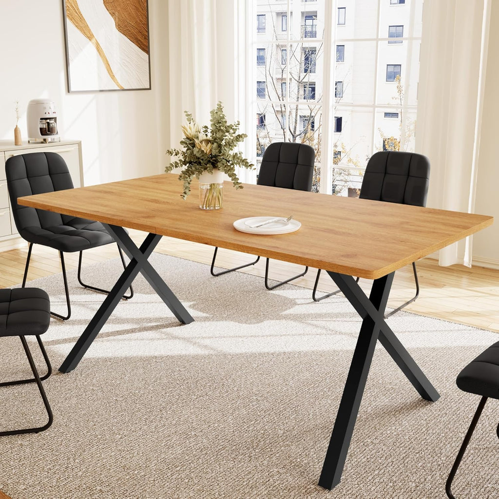 7-Piece Dining Table Set for 6 People, 63" MDF Kitchen Table with 6 Upholstered Chairs, Metal Legs for Dining Room, Kitchen(Oak Table+6 U-Shaped Black Chairs)