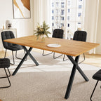 7-Piece Dining Table Set for 6 People, 63" MDF Kitchen Table with 6 Upholstered Chairs, Metal Legs for Dining Room, Kitchen(Oak Table+6 U-Shaped Black Chairs)