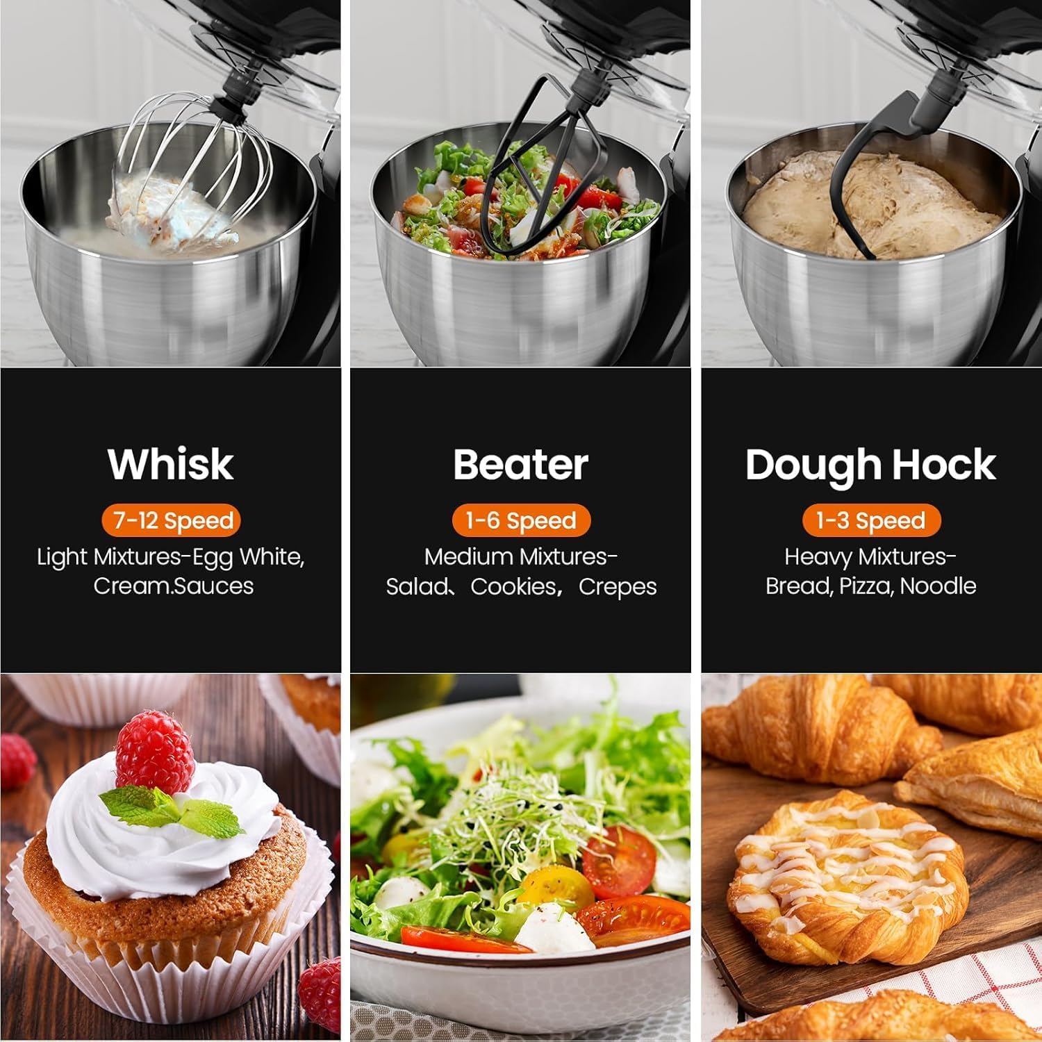 Kismile 5.5QT Tilt-Head Stand Mixer, 12-Speed Electric Mixer with 304 Stainless Steel Bowl - Includes Whisk, Dough Hook, Beater for Baking Bread, Cakes, Cookies (Light Black)
