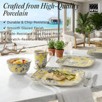 222 Fifth Adelaide Yellow 16-Piece Floral Porcelain Dinnerware Set | Microwave and Dishwasher Safe Dining Set for 4 | Stackable & Chip-Resistant Plates Bowls and Cups | Gift for Housewarming & Wedding