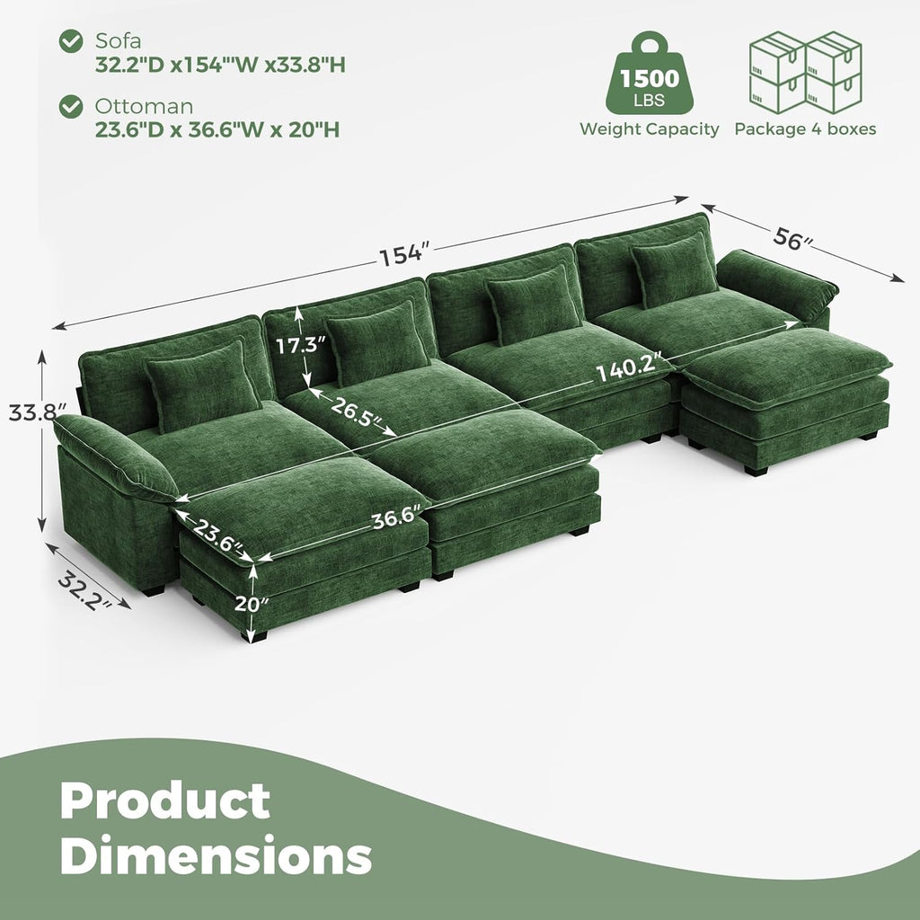 CDCASA 154" Modular Sectional Sofa, Comfy U-Shaped Cloud Couch with 3 Movable Ottomans, Oversized 7-Seater Chenille Deep Seat Sofa Couch for Living Room, DIY Combination, Green
