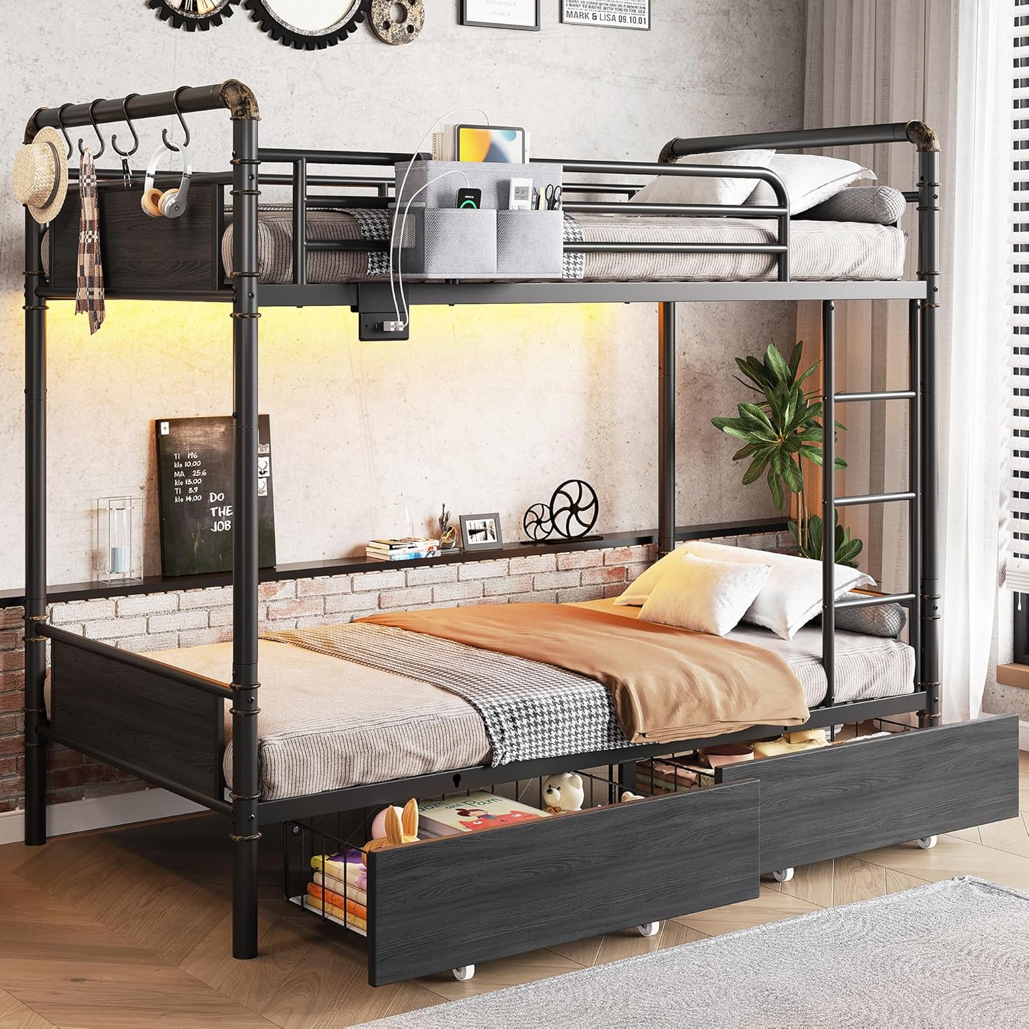 Metal LED Bunk Bed Twin Over Twin with 2 Storage Drawers, USB Charging Station, Industrial Bunkbeds Heavy Duty Bed with Safety Guardrail and Ladder, No Box Spring Needed, Black