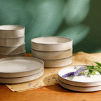 Bloomhouse - Two Time Oprah's Favorite Things Winner - Santorini Mist Double Bowl Terracotta Reactive Glaze Plates and Bowls Dinnerware Set - Moonstone White, Service for Four (16pcs)