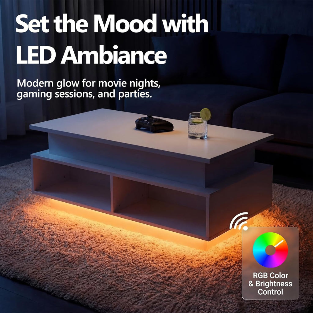 YSHOMY 40" Lift Top Coffee Table with Hidden Storage & Multi-Color LED Lights, Modern Square Wood Table with 4 Open Shelves for Living Room and Small Space, White Grain