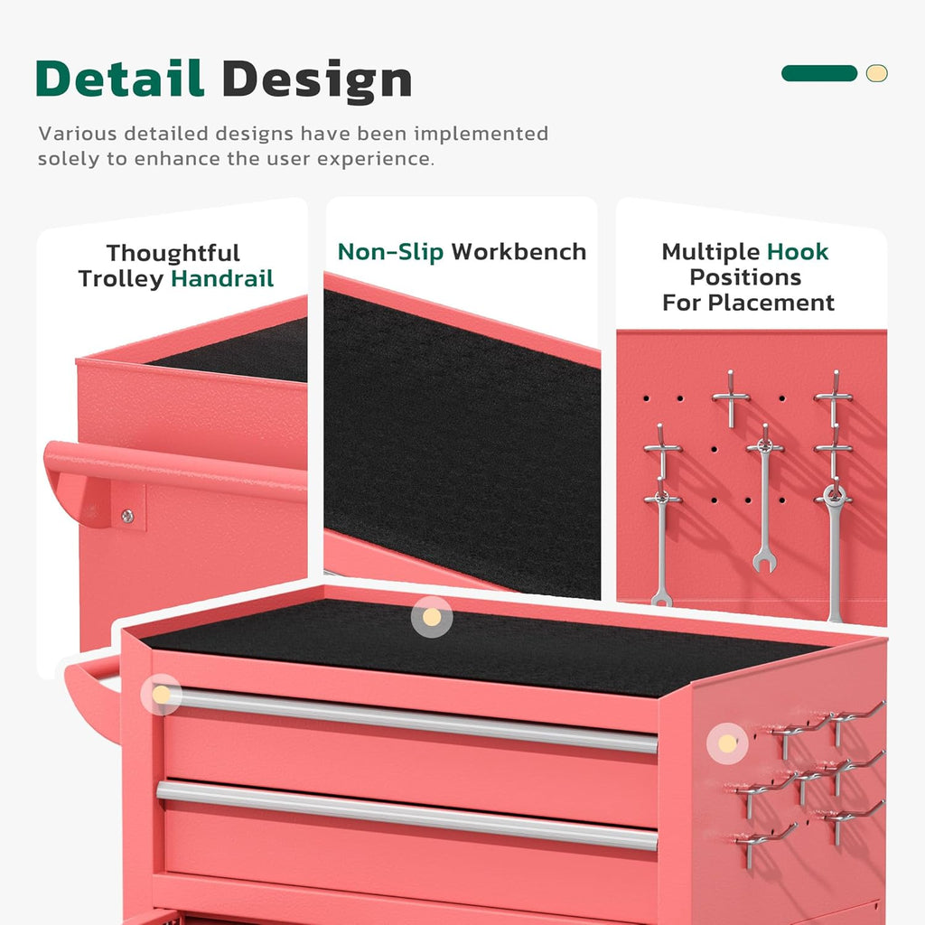 Greenvelly Tool Chest, 8-Drawer Rolling Tool Chest with Wheels, Detachable Top Tool Box, Assembled Tool Chest with Liner & Hooks, Rolling Tool Box for Garage, Workshop, Warehouse, Pink