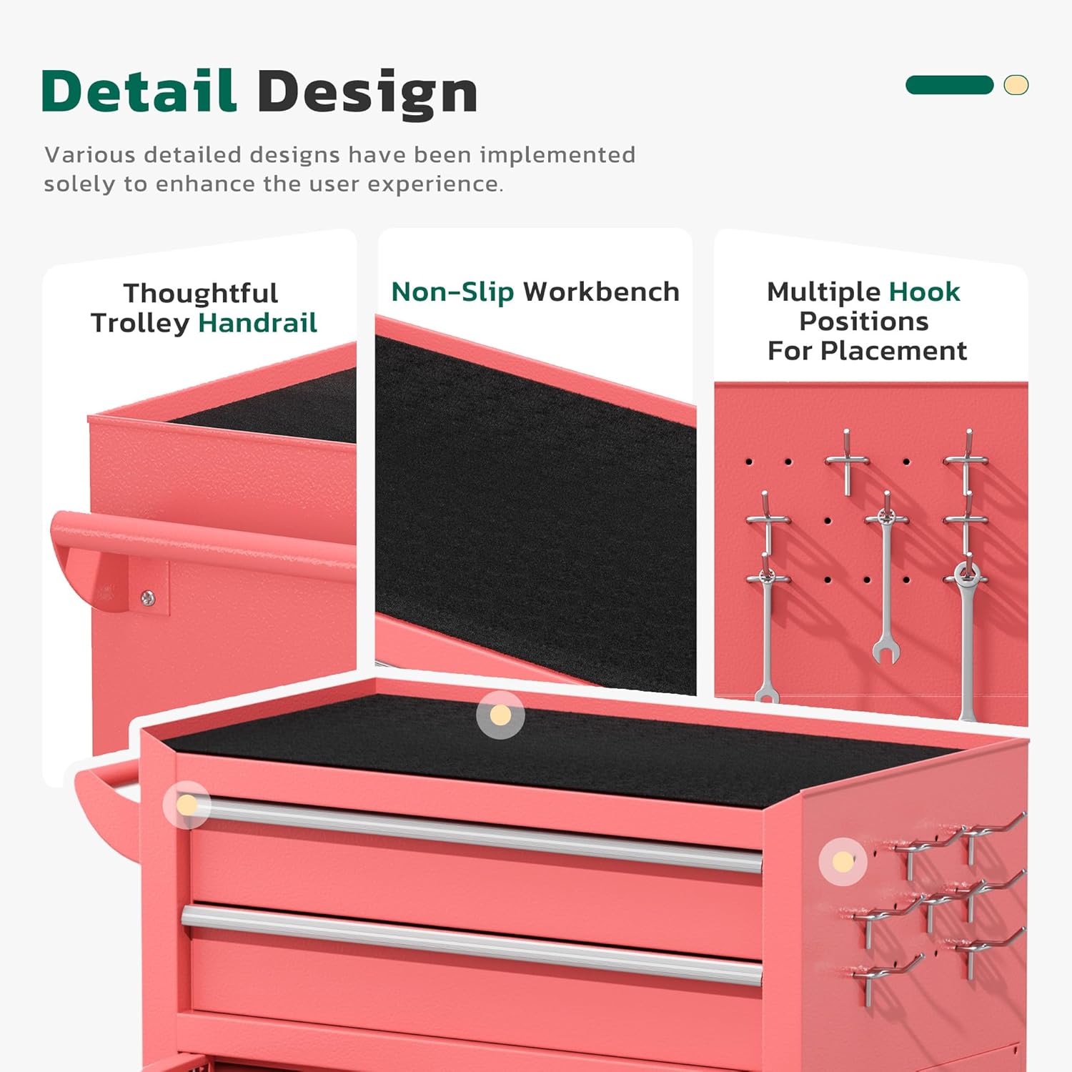 Greenvelly Tool Chest, 8-Drawer Rolling Tool Chest with Wheels, Detachable Top Tool Box, Assembled Tool Chest with Liner & Hooks, Rolling Tool Box for Garage, Workshop, Warehouse, Pink