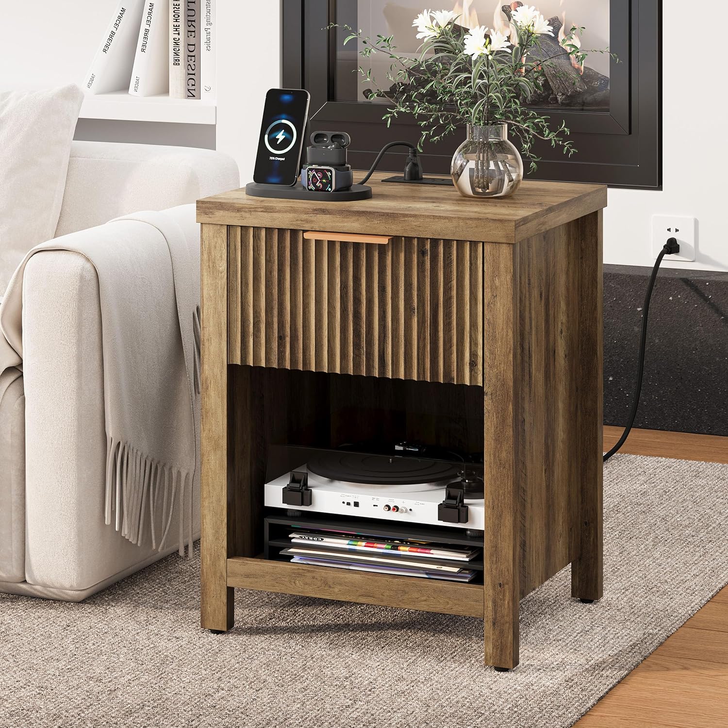 Fluted Nightstands with Charging Station Set of 2, Brooklyn Night Stand with Drawers, Modern Beside Table with Storage End Table for Bedroom Living Room (2, Brown with Charging Station) BNS101DRE-2