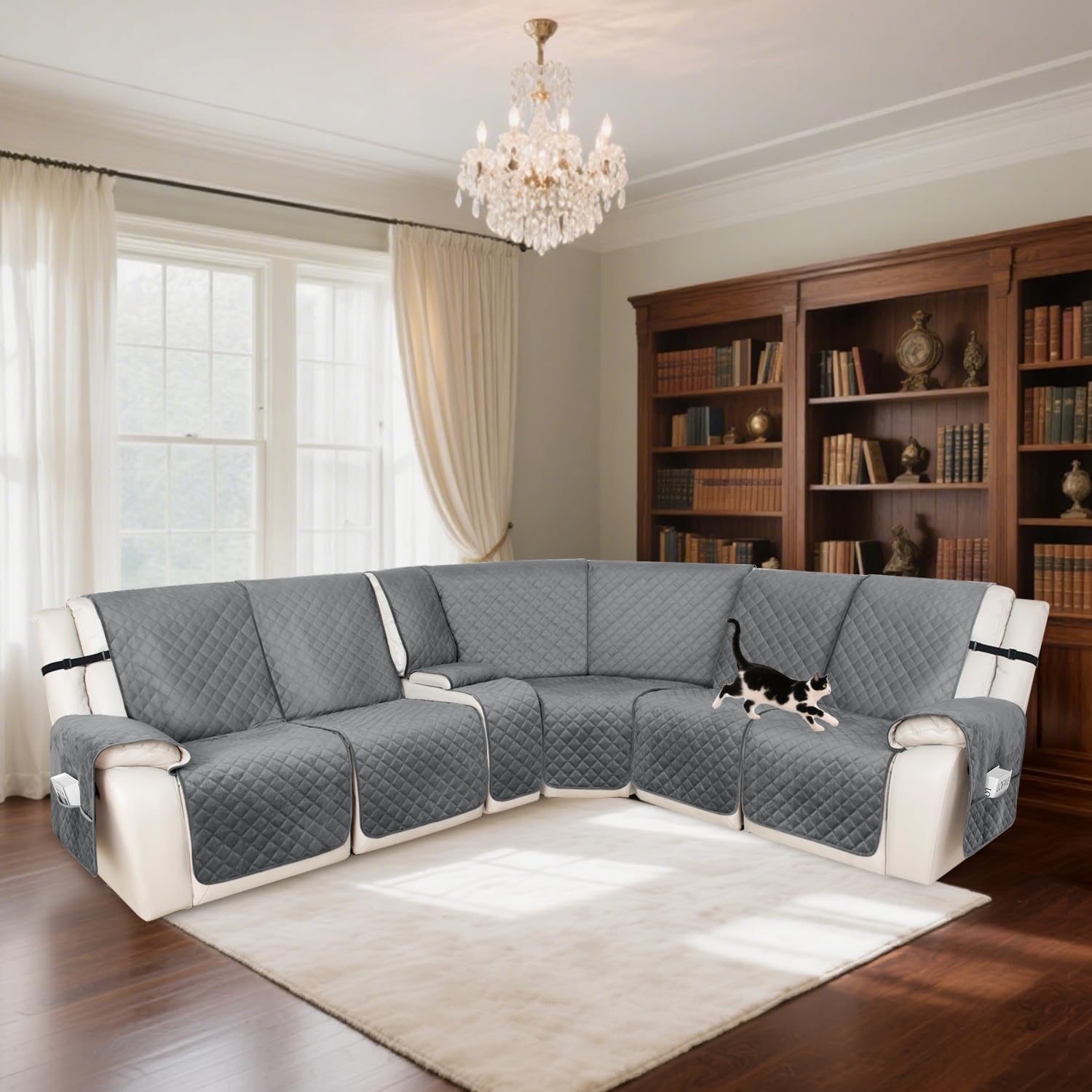 HDCAXKJ 100% Waterproof Velvet Recliner Sectional Couch Covers L Shaped Corner Reclining Sofa Cover Washable Thick Non Slip Sectional Slipcover with Pockets (5 Seat and 1 Middle Console, Grey)