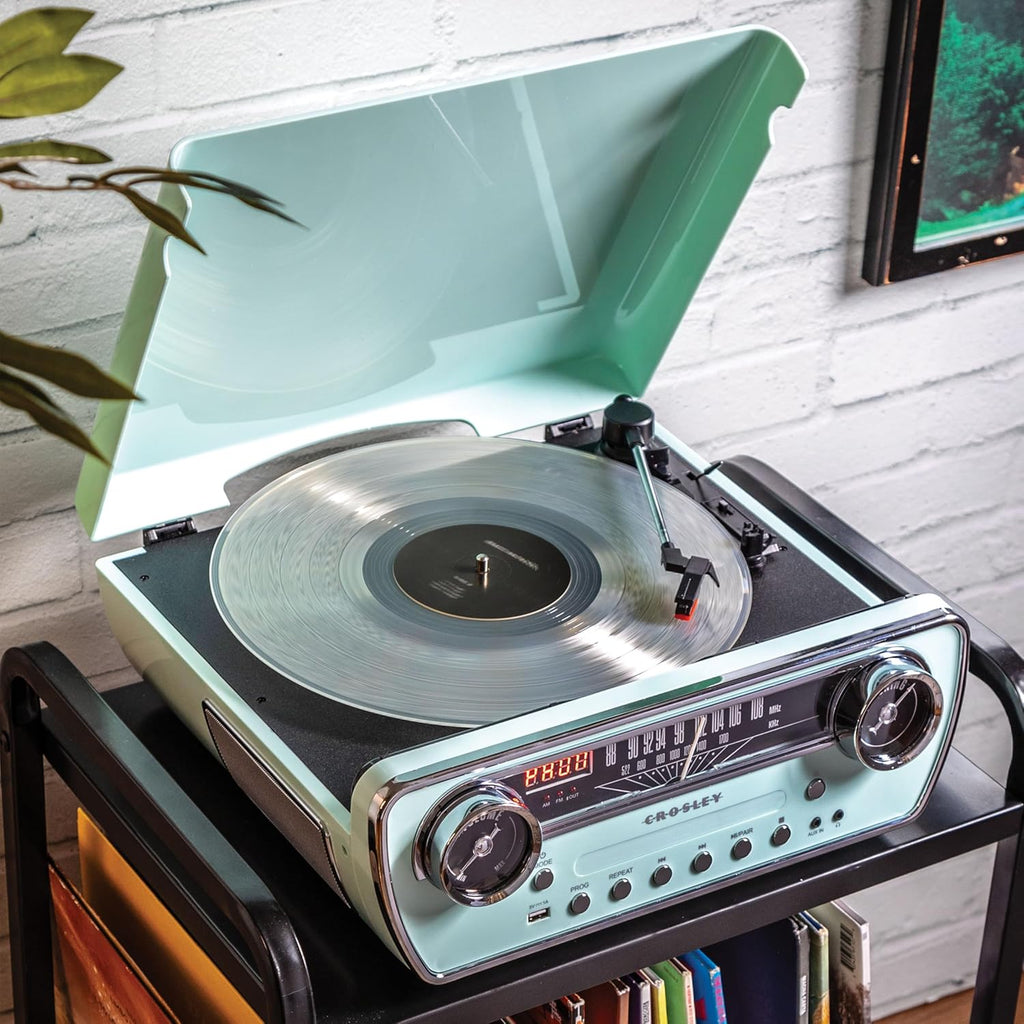 Crosley CR6047A-AB Powel 7-in-1 Bluetooth in/Out Vinyl Record Player with AM/FM Radio  CD Player  and Aux-in  Aqua Blue