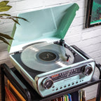 Crosley CR6047A-AB Powel 7-in-1 Bluetooth in/Out Vinyl Record Player with AM/FM Radio  CD Player  and Aux-in  Aqua Blue