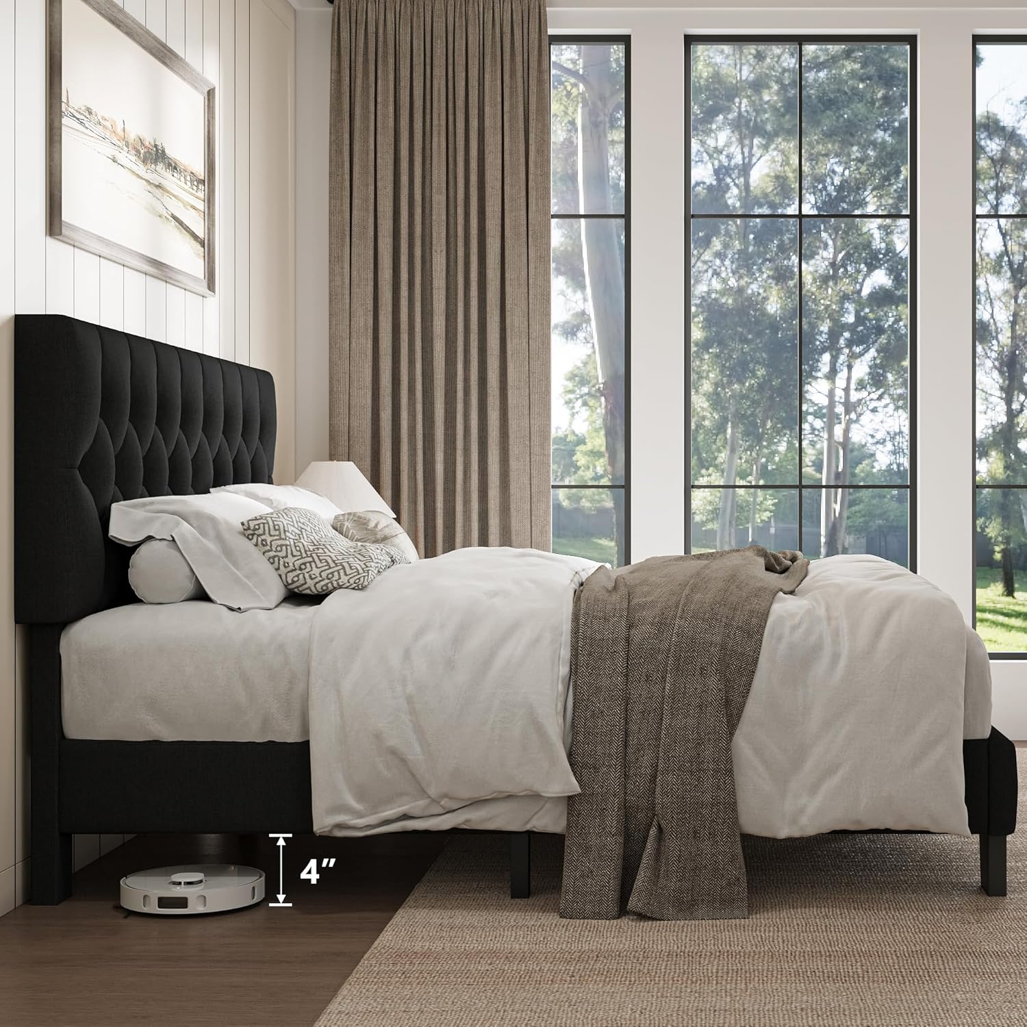 iPormis Upholstered Queen Size Bed Frame with Button Tufted Headboard, Linen Platform Bed with Thickened Support Legs, No Box Spring Needed/Noise-Free/Easy Assembly, Black