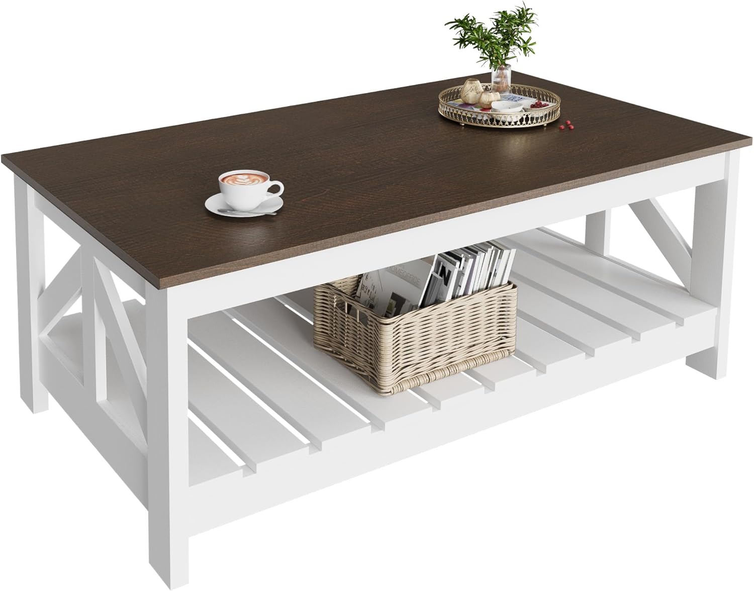 YESHOMY Farmhouse Coffee Table, Coffee Tables for Living Room, Farmhouse Square Coffee Table with Storage, Couch Table, Small Tables for Small Spaces, Brown and White