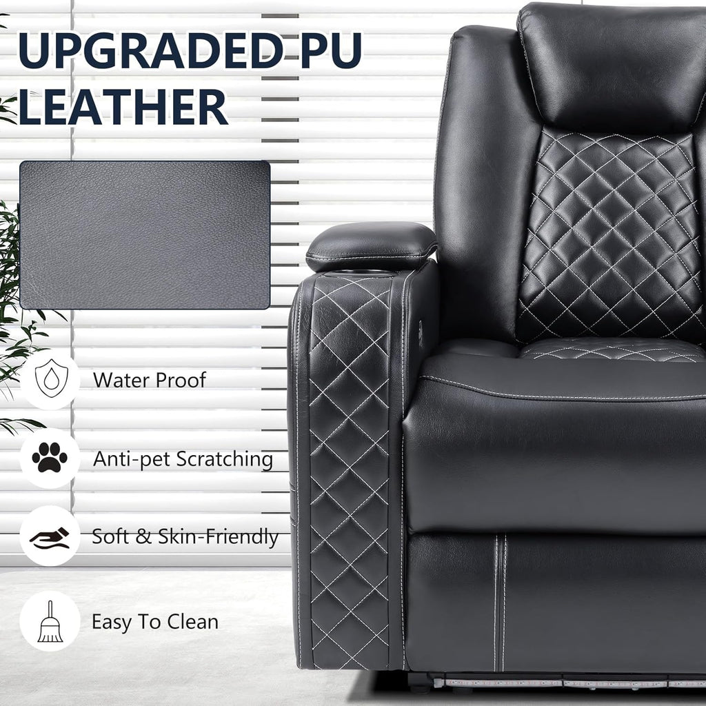 CANMOV Electric Power Recliner Chair with Adjustable Headrest,Breathable Faux Leather Home Theater Seating with Ambient Lighting,Cup Holders,Hidden Arm Storage,USB,Type-C Ports,Black