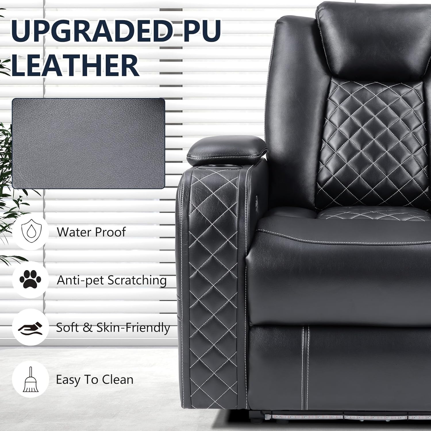 CANMOV Electric Power Recliner Chair with Adjustable Headrest,Breathable Faux Leather Home Theater Seating with Ambient Lighting,Cup Holders,Hidden Arm Storage,USB,Type-C Ports,Black