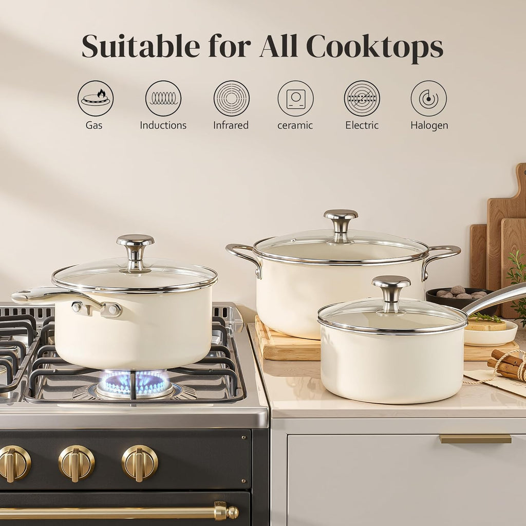Redchef Cooking Pot Set Induction 5Qt, Saucepan Set 2.5/3.5Qt and 5 Qt Stock Pot with Lid, Compatible All Cooktops, Even Heat, Stay-Cool Handles, PTFE PFAS Free (Beige)
