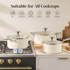 Redchef Cooking Pot Set Induction 5Qt, Saucepan Set 2.5/3.5Qt and 5 Qt Stock Pot with Lid, Compatible All Cooktops, Even Heat, Stay-Cool Handles, PTFE PFAS Free (Beige)